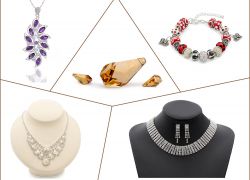 Kolaż zdjęć przedstawia naszyjnik, kolię z perłami, wisior z ametystem, bransoletkę i kryształki Swarovski